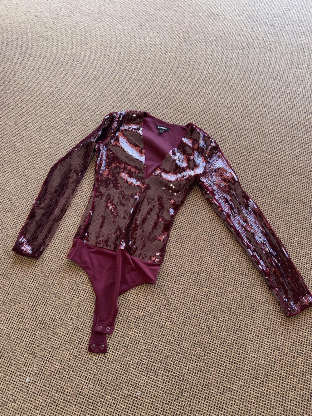 Express Burgundy Sequin V-Neck Long Sleeve Bodysuit